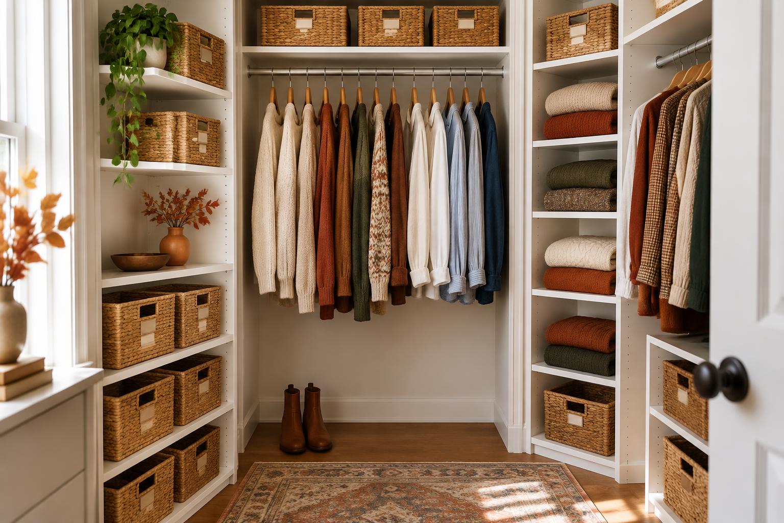 Organized closet with sweaters on wooden hangers, labeled woven baskets and folded knit stacks
