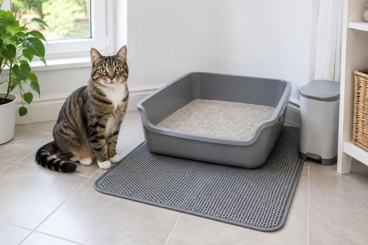 Tabby cat beside an open litter tray on a litter-catching mat in a tiled home utility area