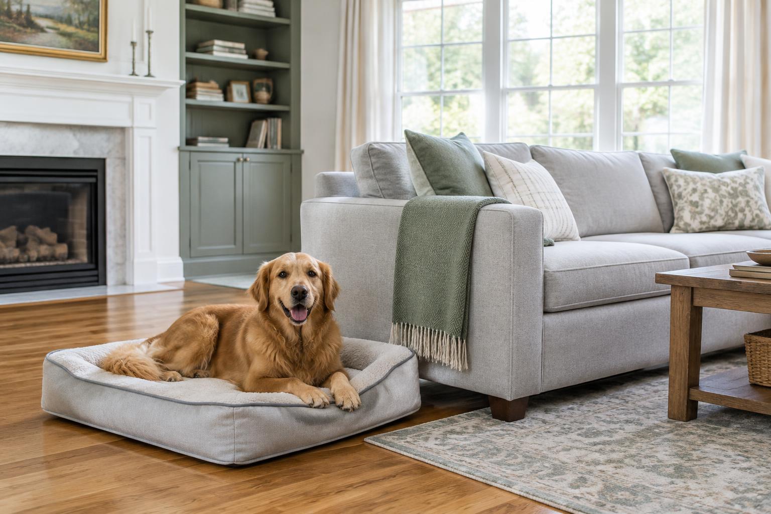 Golden retriever resting on a washable dog bed beside a sofa in a bright living room