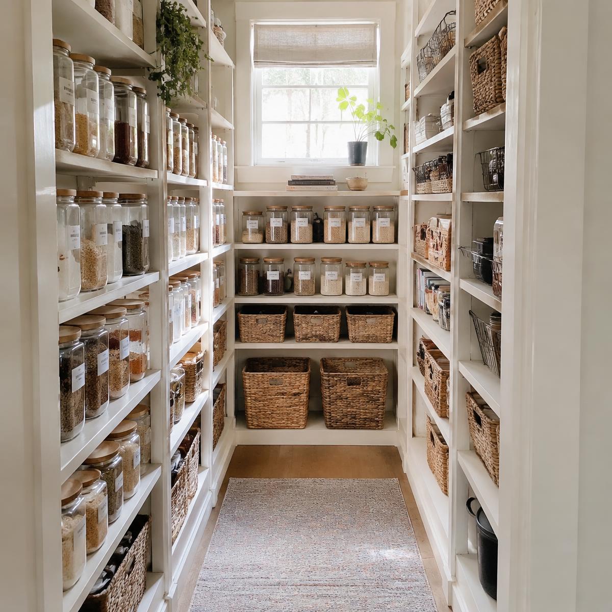Professionally organized pantry with labeled jars and baskets