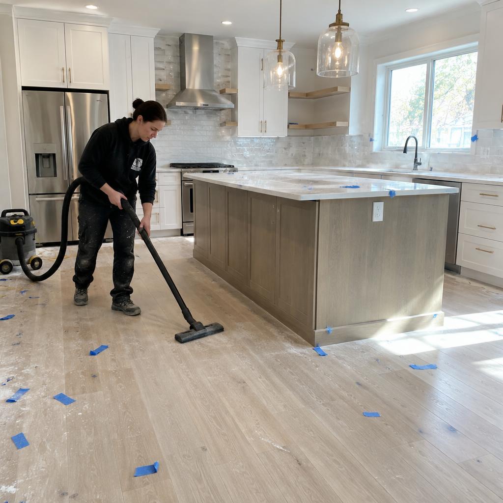 Vacuuming construction dust in a newly renovated kitchen