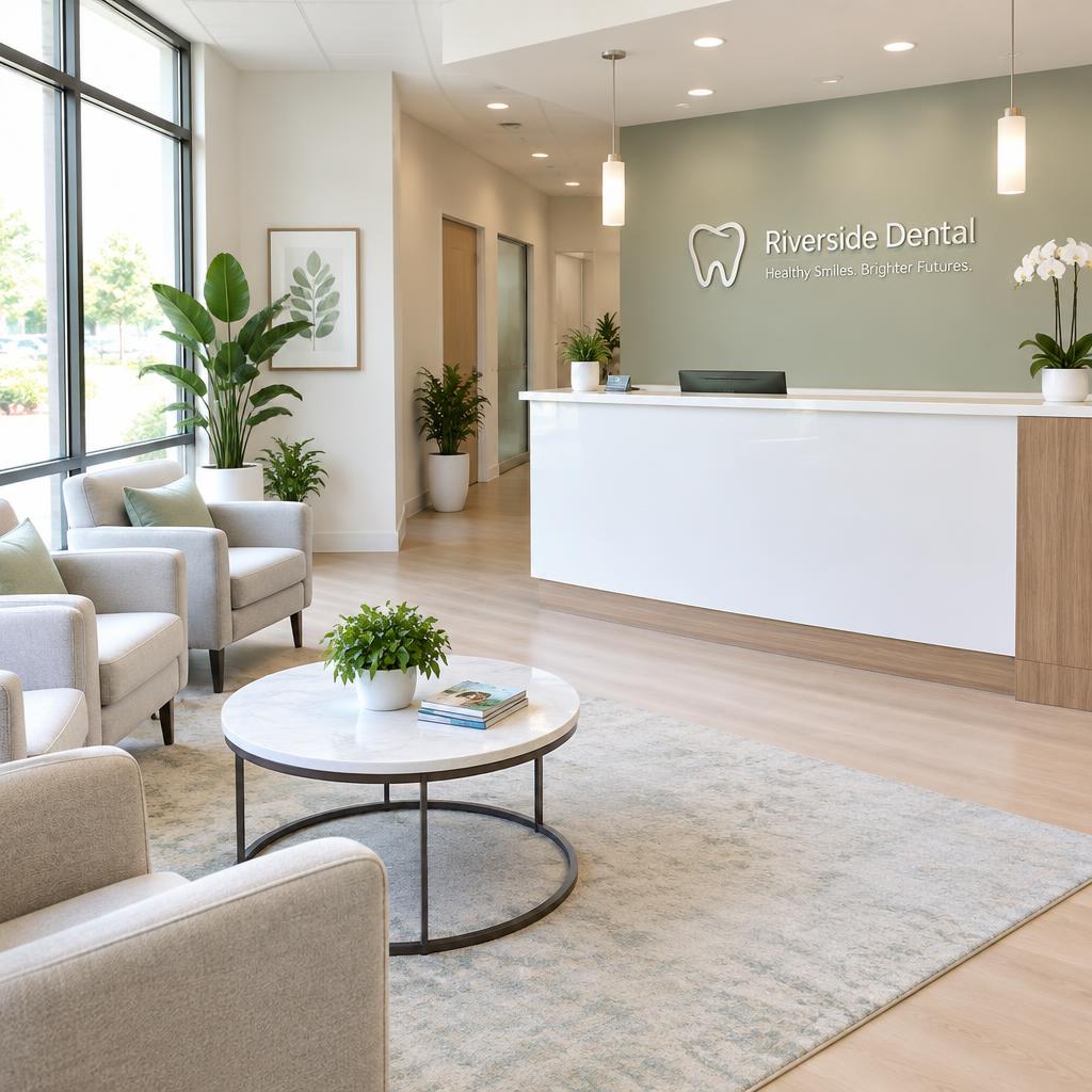 Spotless dental office waiting room and reception desk